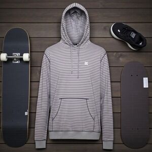 DC‎ Shoes Striped Hoodie Mens Medium Gray Purple Hooded Pullover Sweatshirt